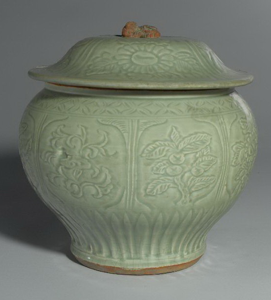 NK23253 中国陶器 龍泉窯 青瓷花刻扁壺 花瓶 花入 壺 扁壺 検:青瓷